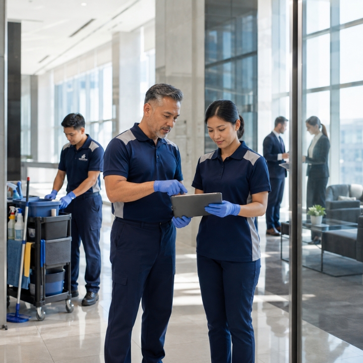 Experienced cleaning crew preparing for a facility service