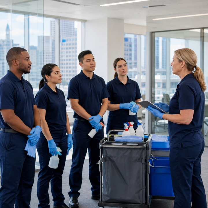 Supervisor guiding cleaning staff during onboarding training