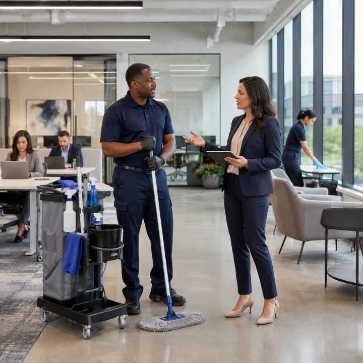 Trained commercial cleaning team preparing equipment