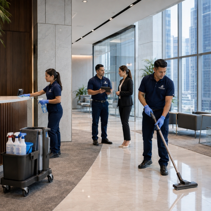 Cleaning professional maintaining a corporate facility