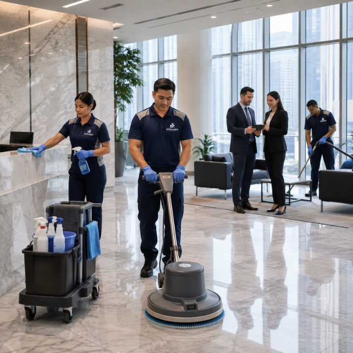 Professional cleaning team maintaining a modern commercial office