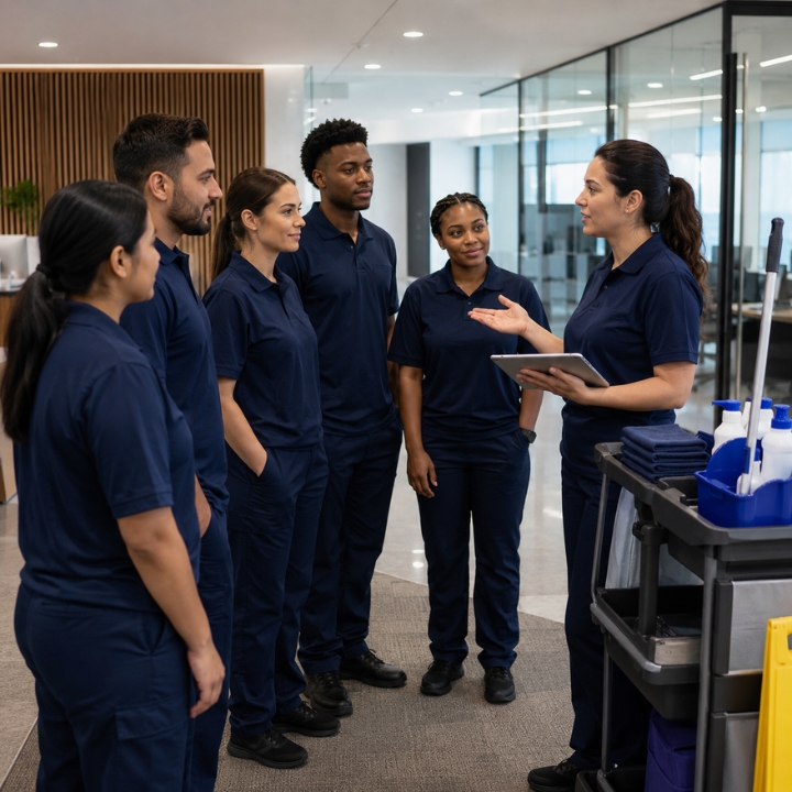 Supervisor training a new cleaning professional on company procedures